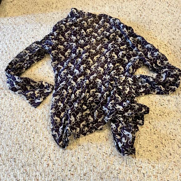 Anthropologie Maeve 2P Purple Monkey Print Roll Tab Sleeve Peplum Tunic Top Boho - Picture 4 of 11